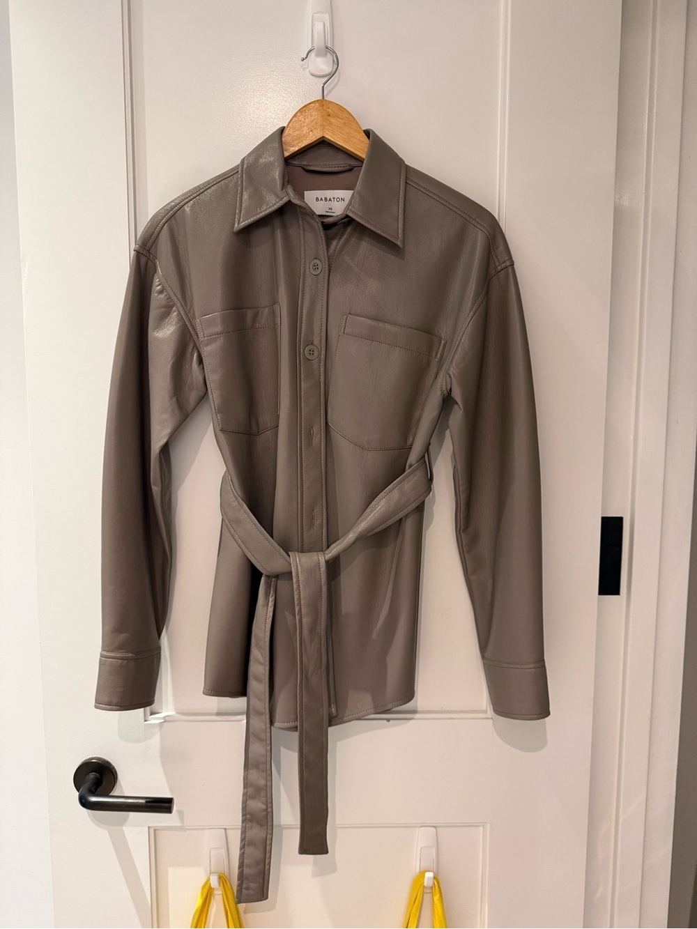 Babaton Taupe Faux-Leather Belted Shirt Jacket